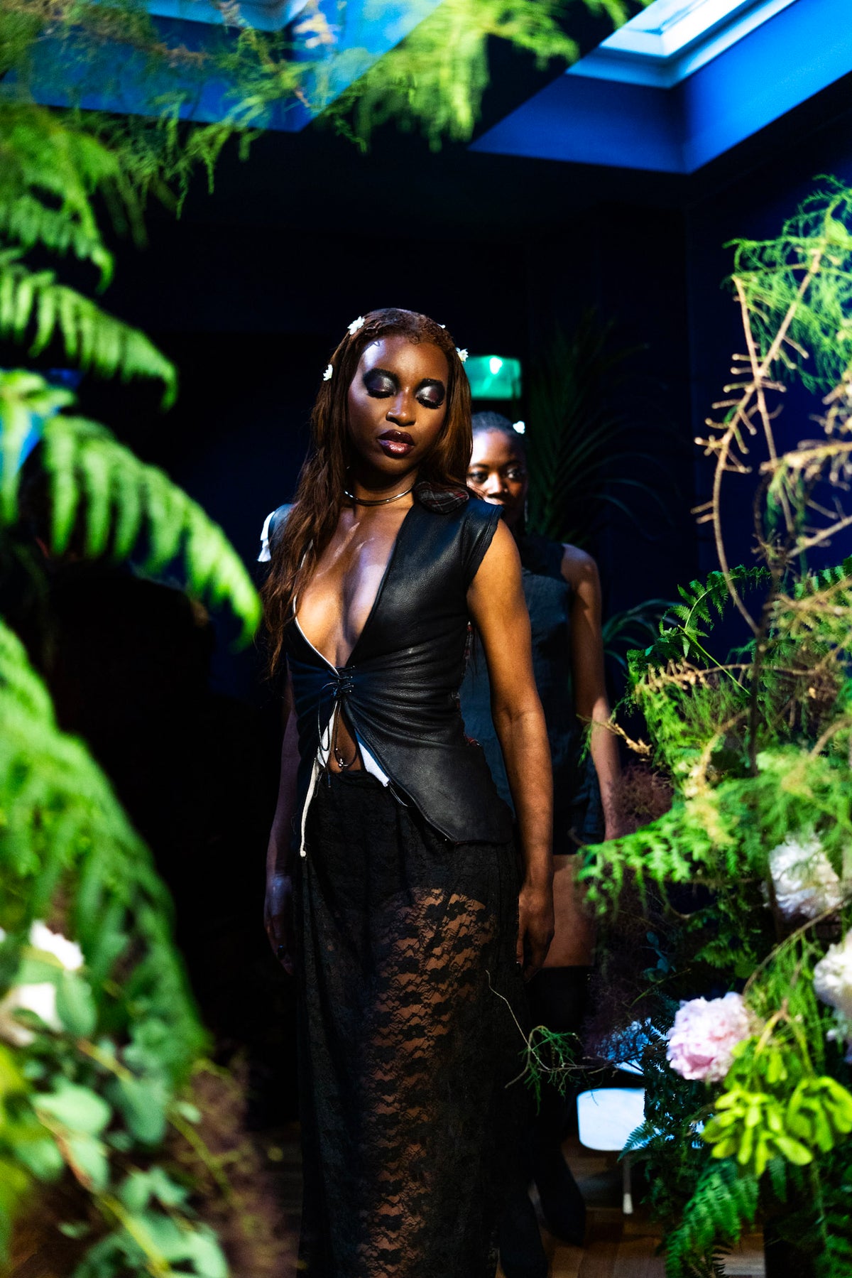 Bespoke leather/tartan “push-up bra” laced jacket